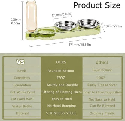 Marchul 3 in 1 Stainless Steel Cat Food and Water Bowl Set, Elevated Cat Bowls Water Dispenser, Tilted Raised 3 Pet Bowls for Indoor Cats, Small or Medium Sized Dogs（Green） - Image 6