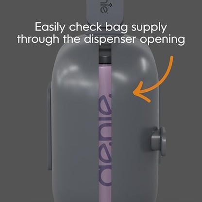 Pet Genie - On-the-Go Dog Poop Bag Dispenser for Leash - Compact & Easy to Use Device for Pet Supplies with 2-Point Secure Attachment, Includes 1 Roll (15 count) of Scented Poop Bags, (Lavender Scent)