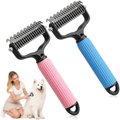 2 Pcs Pet Grooming Brush, Double Sided Undercoat Rake & Dematting Comb for Dogs and Cats, Detangling Tool for Matted Fur, Ideal for Medium or Long Haired Breeds (Blue+Pink, Large) by Unknown