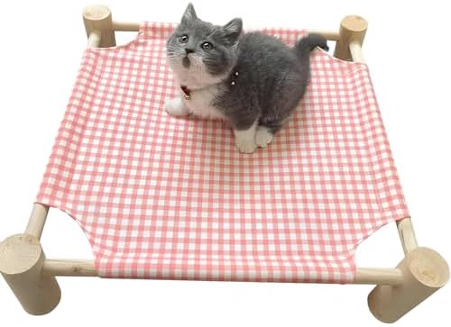Pozico Elevated Cat & Dog Bed – Wooden Frame Pet Hammock for Small Dogs & Cats, Indoor/Outdoor Raised Bed with Breathable Mesh, Portable Pet Cot Furniture – Pink Grid by Pozico