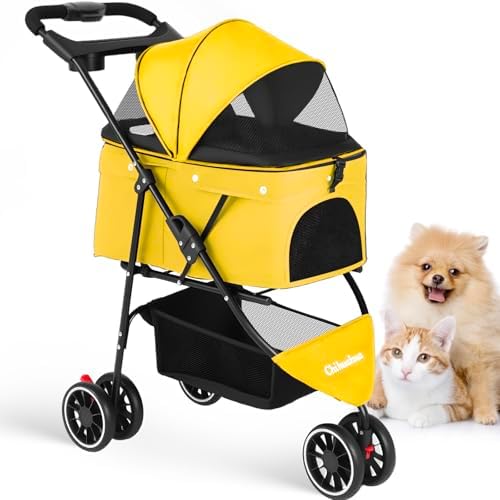 Pet Stroller,Dog Stroller for Small Medium Dogs Cats,3 Wheels,Yellow by Chihuahua