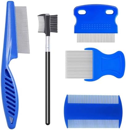 MEDUWEDU 5 Pack Flea & Lice Comb Set for Cats, Dogs & Kids – Stainless Steel Fine Tooth Nit Comb Kit with Double-Sided Tear Stain Remover, Grooming Brush & Peine para Piojos for Thick Hair (Blue) by MEDUWEDU