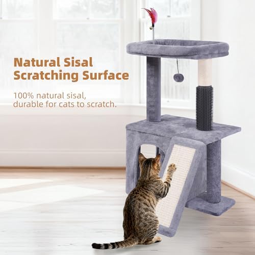 Cat Tree with Self-Grooming Brush and Interactive Toys, Cat Tree Tower for Indoor Cats, Cat Tower with Sisal Scratching Post and Scratching Pads, Cat Condo with Padded Perch, Grey - Image 5