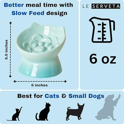 Macarons Series Ceramic Slow Feeder Cat Bowl, Raised Puzzle Feeder, Anti Vomiting Cat Slow Feeding, Elevated Food Bowl, Whisker Friendly Pet Bowl with Cute Ear Design (Gradient Green) - Image 2