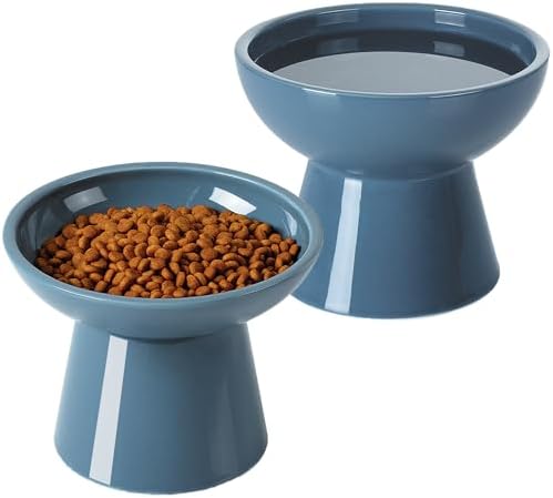 LoeJan Elevated Cat Food and Water Bowls Set, Extra Wide and Raised Ceramic Feeder, Anti-Vomit Whisker-Free Pressure Feeding Bowl for Kittens Adult Small Dogs, Deep Blue by LoeJan