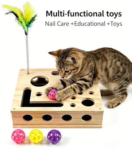 Huntmic Wooden Cat Toys Scratch Puzzle Enrichment Box, Interactive Cat Toy with Sandpaper Inside and Bell Ball, Cat Claw Saver Interactive Toy Stress-Free Alternative to Clippers & Grinders - Image 4