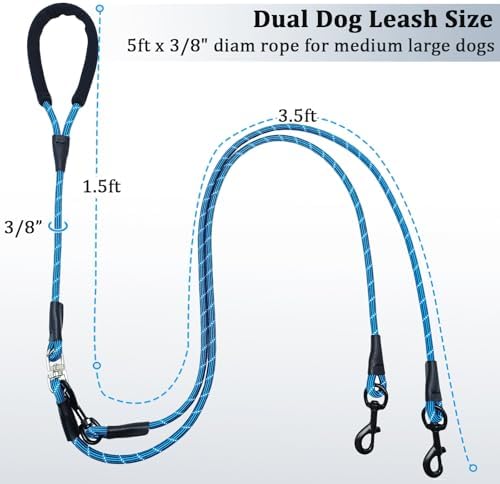 WYuZe 5 FT Double Dog Leash Detachable Rope Dual Leash for Two Dogs Blue - Image 4