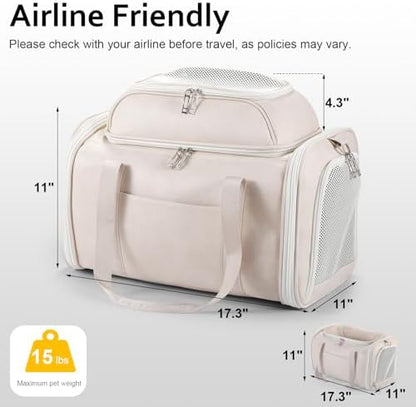 Premium Leather Top Expandable Pet Carrier for Small Dogs & Cats Under 15 lbs, Airline Approved Collapsible Soft-Sided Luxury Travel Bag Beige - Image 2