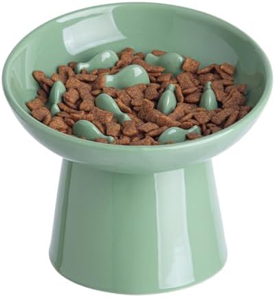 Ceramic Elevated Slow Feeder Cat Bowl - 6" Raised Cat Food Bowl for Bloat Relief & Anti-Vomiting, Whisker Friendly Ceramic Cat Slow Feeder for Indoor Cats, Kittens, Puppies - Green(1pc) by KITCHENLESTARaddsmorebeautifulcolourstoyourlife