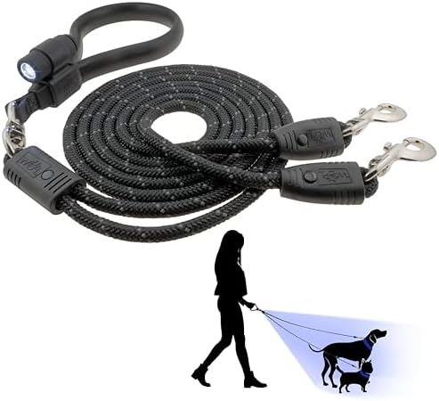 Wigzi - 2025 Edition -Dual Doggie Flex Walk with LED Two Dog Leash. 360 Degree no Tangle, Thick Durable Reflective Ropes, Silicone Extra Soft Comfort Handle, 6ft, Color Black, 5lbs-175 lbs Dogs OK by theWigziCollection