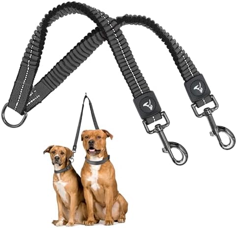 Kruz Double Dog Leash for Two Dogs (Width - 3/4”, Length 17”-34”) Dual Leash Coupler with Tangle-Free Swivel, Shock-Absorbing Reflective Bungee for Comfortable Walking & Training (Gray, Medium) by KRUZPET