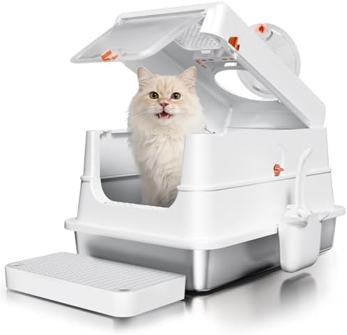 Stainless Steel Cat Litter Box with Lid, Extra Large Enclosed Metal Litter by FusblomOfficial