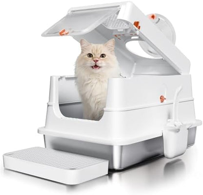 Stainless Steel Cat Litter Box with Lid, Extra Large Enclosed Metal Litter by FusblomOfficial