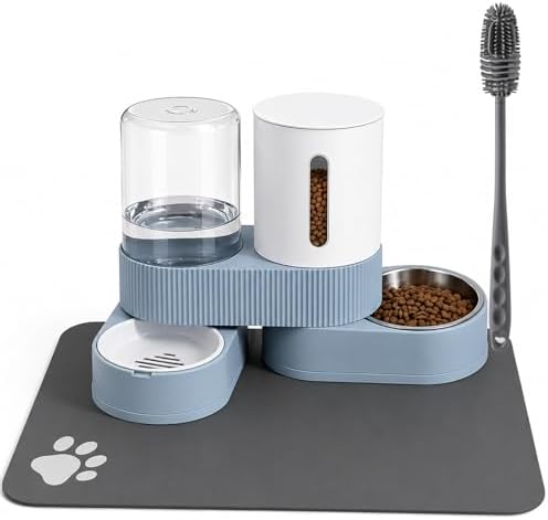Gravity Cat Feeder and Water Dispenser 2 Pack Automatic Stainless Steel Feeder Bowls with Silicone Mat and Brush Set, Dry Food and Water Dispenser for Cats Small Medium Dogs(Blue) by ZBIAOJNU