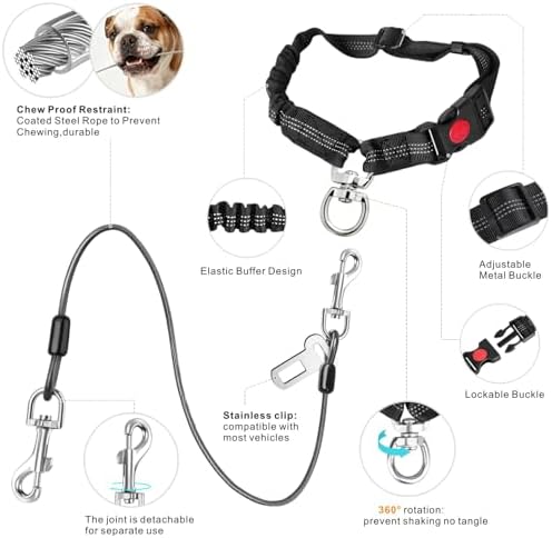 Idepet Dog Seat Belt for Car Stainless Steel 3 in 1 Dog Seatbelt Black - Image 2