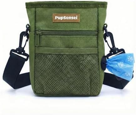 Dog Treat Pouch for Training – Magnetic Dog Treat Bag with Belt Clip & Poop Bag Dispenser – Hands Free Carry Pouch with Auto-Close Access & Shoulder Strap – Durable Pet Gear – Army Green by PupSensei