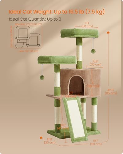 Feandrea Cat Tree, 45.3-Inch Cute Cat Tower, Climbing Condo, Green & Brown - Image 5