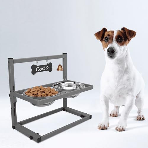 SHAINFUN Elevated Dog Bowls - Raised Stand with 2 Stainless Steel Bowls, Adjustable Height Feeder for Small and Medium Dogs, Puppies, Cats - Grey by SHAINFUN