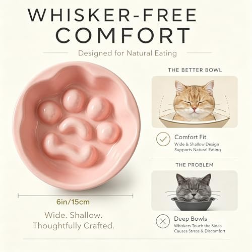 Ceramic Slow Feeder Cat Bowl, Elevated Tilted Design, Pink - Image 4