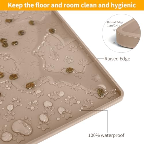 Ptlom Dog Food Mat Anti-Slip Bowl Mats for Food and Water, Waterproof Pet Placemat with High Raised Edges, Silicone Puppy Feeding Tray for Small, Medium Large Dogs Cats, Taupe, 31.5" 23.6" - Image 5