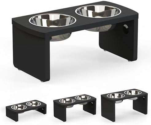 Elevated Dog Bowls, Waterproof Raised Dog Bowl for Medium Dogs, HIPS Poly Lumber Stand with 2 Stainless Steel Bowls, Indoor & Outdoor Use (7'' Tall-40 oz Bowl, Black) by JoyoPawFamily
