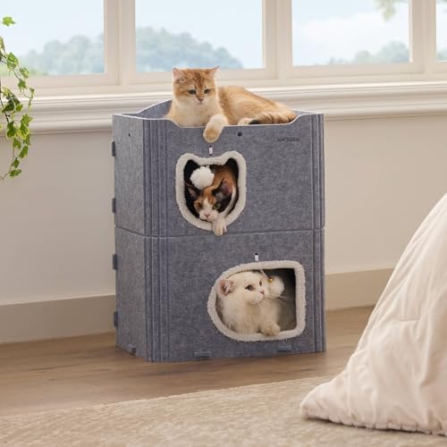 Joydeco Cat House for Indoor Cats, 2 Story Scratch Resistant Felt Cat Condo, Hideaway Pet Cave Bed with Fluffy Ball and Tunnel for Kitten, Small Dogs, Rabbits, 17.7 x 13.3 x 24, Grey - Image 5
