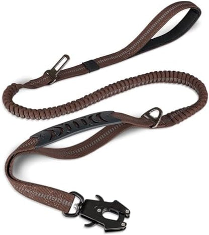 Joytale Tactical Dog Leash Heavy Duty, 4-6FT Shock Absorbing Bungee Lead with 2 Padded Handle, Metal Carabiner Clip, Car Seatbelt, Strong No Pull Leash for Medium Large X-Large Dogs, Brown
