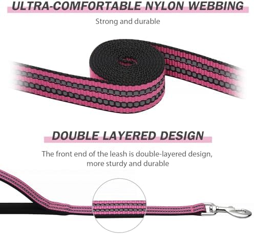 Hikiko 5FT Dog Leash with 2 Padded Handles Reflective,Pink - Image 2