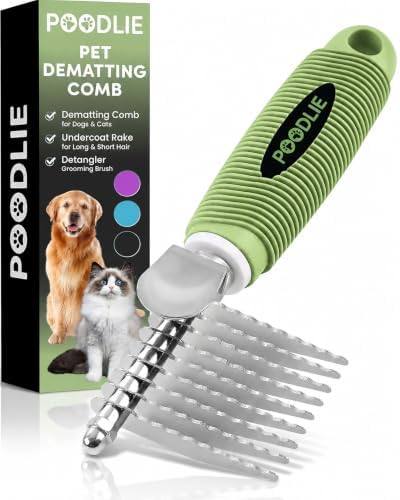 Poodle Dematting Fur Rake Comb Brush for Dogs and Cats - Long 2.5" Steel Safety Blades Metal Comb for Detangling Matted or Knotted Undercoat Hair (Green) by Poodlie