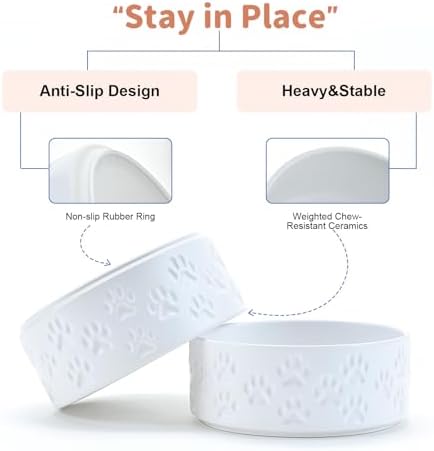 SPUNKYJUNKY Ceramic Dog Bowls 2 Pack, 7.3'' Dog Food Water Double Feeding Bowls Non-Slip for Medium to Large Sized Breed Microwave Dishwasher Safe - 42 OZ, 2pcs, Paw White - Image 4