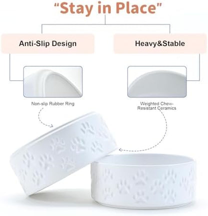 SPUNKYJUNKY Ceramic Dog Bowls 2 Pack, 7.3'' Dog Food Water Double Feeding Bowls Non-Slip for Medium to Large Sized Breed Microwave Dishwasher Safe - 42 OZ, 2pcs, Paw White - Image 4