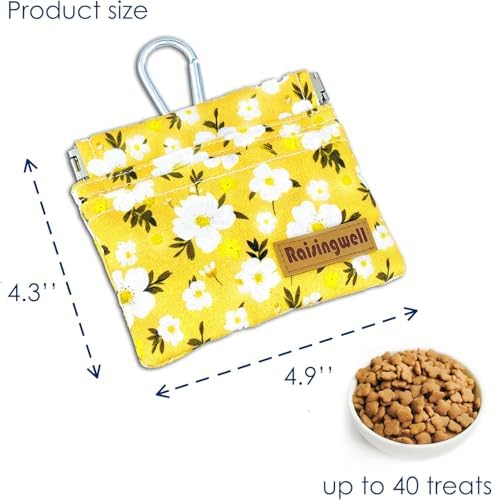Raisingwell Dog Treat Pouch, Pocket Sized Pet Training Pouch, Cotton Fabric, Hand Free Yellow Flower Dog Walking Bag with Carabiner, Self-Closing Pet Feed Snack Reward, for Puppy Travel or Outdoor Use - Image 2