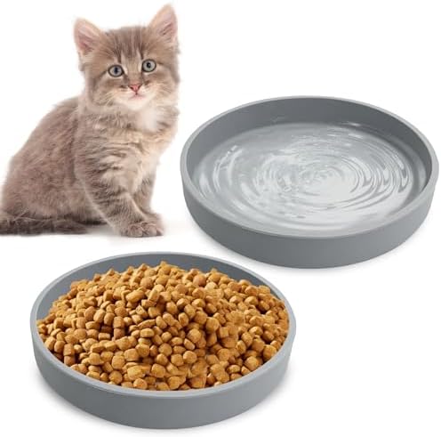 Silicone Cat Food Bowls Shallow Cat Dishes 5.9in Wide Pet Plates Set of 2 Small Flat Dog Saucer Bowl Cute Whisker Fatigue Kitten Feeding Dish for Dry & Wet Food (Round Grey) by Apatal