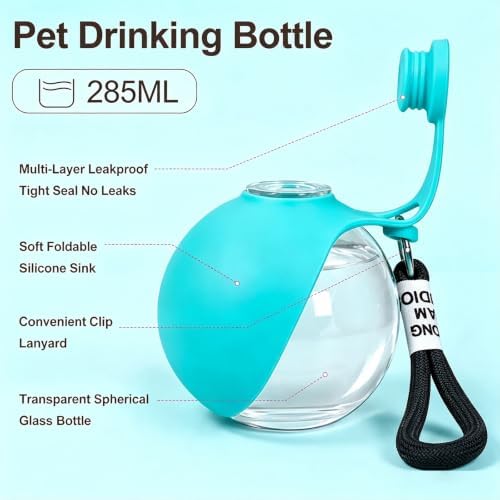 Spherical Portable Dog Water Bottle - Leak-Proof Travel Water Bowl for Pets, BPA-Free Plastic & Food-Grade Stainless Steel, Lightweight for Walking, Hiking, Outdoor (Blue-Transparent-Plastic) - Image 2