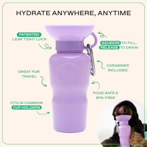 Springer Dog Water Bottle | Portable Travel Drinking Feeder Dispenser for Dogs & Puppies | As Seen on Shark Tank | Leak-Proof Bowl | BPA-Free | Outdoor Walking, Hiking & Travel | 22oz Lilac - Image 3
