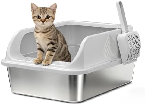 Stainless Steel Litter Box with Lid, Kitten Metal Cat Litter Boxes High Sided Enclosed for Small Cat and Injured Cats Rabbit, Anti-Urine Leakage | Non-Stick Bottom & Includes Scoop by AKAOLA