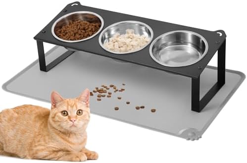 Elevated Cat Bowls with Food Mat, 10°Tilted Non-Slip Raised Cat Food Water Bowls Set, 3 Thick Stainless Steel Pets Dishes with Cute Metal Feeding Stand for Indoor Kitten Puppy, Anti-Vomiting by HOVNKUT