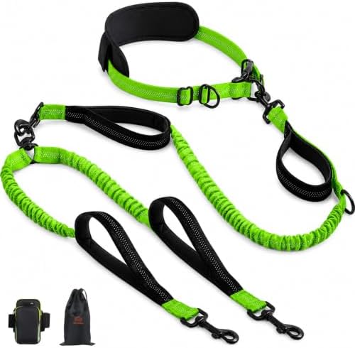 Hands Free Double Dog Leash, 4 Reflective Padded Handles, Adjustable Waist Belt 27-51", Shock-Absorbing Bungee, 360° Swivel Clips, for Small, Medium & Large Dogs, Walking Jogging Running by Unknown