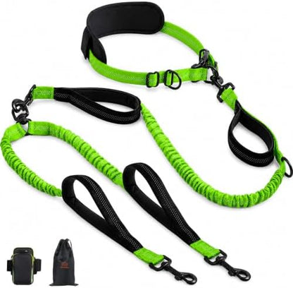 Hands Free Double Dog Leash, 4 Reflective Padded Handles, Adjustable Waist Belt 27-51", Shock-Absorbing Bungee, 360° Swivel Clips, for Small, Medium & Large Dogs, Walking Jogging Running by Unknown