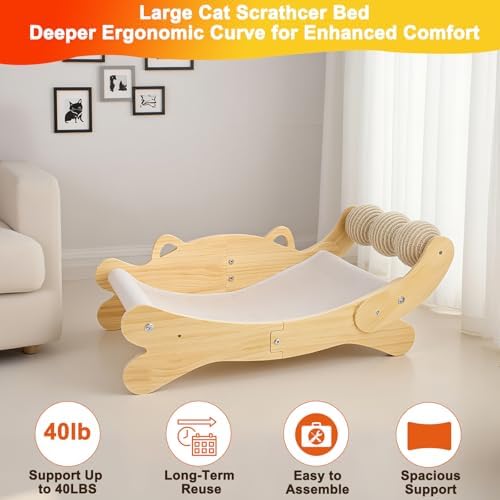 Cat Scratcher Bed, Heavy Duty Sisal Cat Scratching Post with Hammock for Indoor Cats, Natural Wood Cat Lounge for Sleeping & Scratching, Stable Bed for Large Cats - Image 6