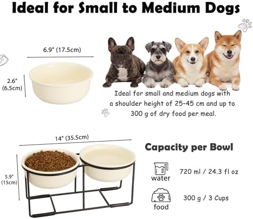 Elevated Ceramic Dog Bowl Set - Double Dishes with Non-Slip Iron Stand - Raised Feeding Station for Food & Water - Ideal for Small and Medium Dogs - 2 × 720ml Capacity - Beige - 15 cm Height - Image 2