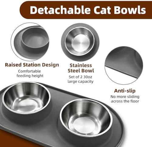 Double Cat Food Bowls with Silicone Base, Stainless Steel Dishes, Non-Slip Feeding & Water Station, Easy-Clean Pet Bowls for Cats, 1.75-Cup Capacity Each, Grey - Image 2