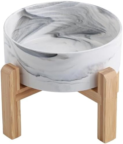 Elevated/Raised Dog Bowl Ceramic with Wood Stand for Small Medium Breed,Dog Food Water Dish Heavy, 6 in Non Slip Modern Cute Porcelain Pet Bowl Marble Grey by PetGettingMuchHeathier