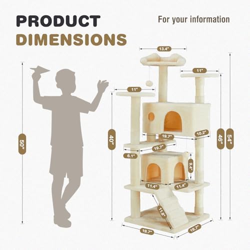 54 Inch Cat Tree Tower with Natural Sisal Scratching Post - Image 3