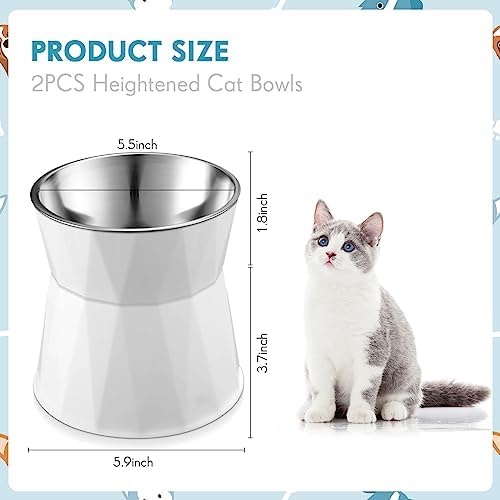 Lallisa 2 Pcs Elevated Cat Bowls Adjustable Raised Cat Feeder Non Slip Food Water with Stand Safe Stainless Steel Bowls with Pet Food Stand for Pets Feeding Eating(White) - Image 2