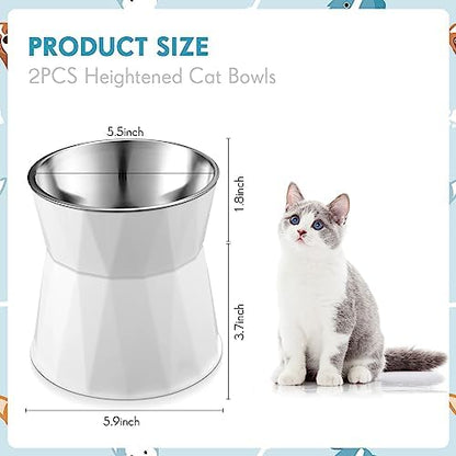 Lallisa 2 Pcs Elevated Cat Bowls Adjustable Raised Cat Feeder Non Slip Food Water with Stand Safe Stainless Steel Bowls with Pet Food Stand for Pets Feeding Eating(White) - Image 2