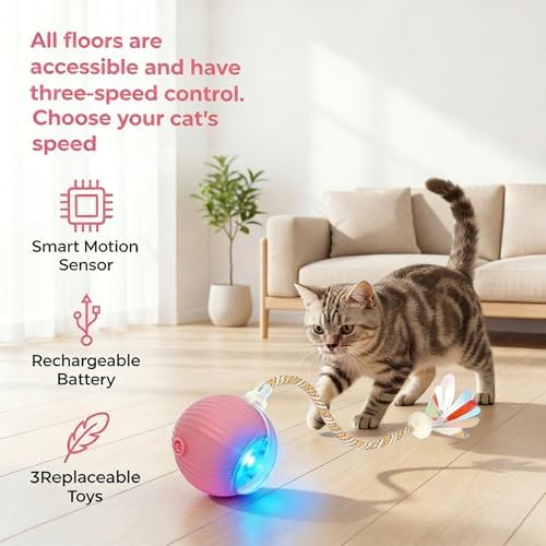 Interactive Cat Toys Ball，Automatic Interactive Cat Toy with 3 Modes, LED Light & 3 Replaceable Accessories, Indoor Cat Exercise Toy for Kittens & Adult Cats, Relieves Boredom Lake Blue - Image 2