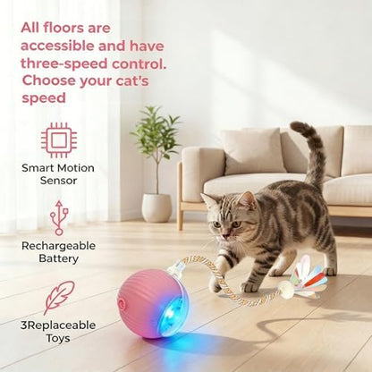 Interactive Cat Toys Ball，Automatic Interactive Cat Toy with 3 Modes, LED Light & 3 Replaceable Accessories, Indoor Cat Exercise Toy for Kittens & Adult Cats, Relieves Boredom Lake Blue - Image 2
