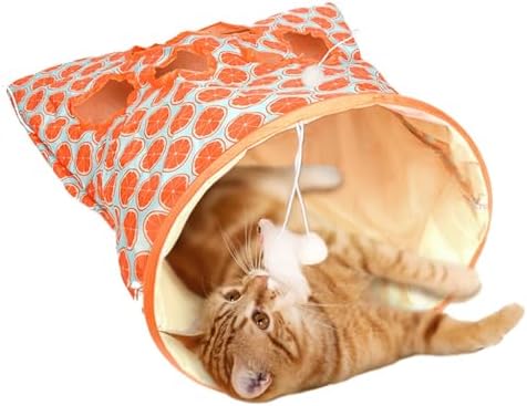 Cat Tunnel Bag for Indoor Cats, Crinkle Bag Toy Cat & Hamsters Play Tunnel Toy, Pet Collapsible Tunnels with 1 Little Mouse & Toy Ball Cats Drill Sleeping Bags (Orange) by Unknown