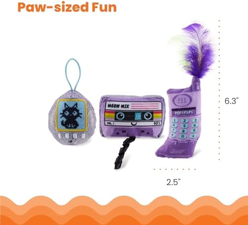 Catstages So Meowsome 90s Cat Toys, 3-Pack Catnip Plush Toys with Crinkle, Feathers & Dental Mesh, Multicolored - Image 5